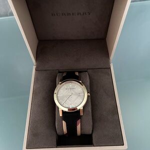 Burberry Gold and Black Leather Men's Watch